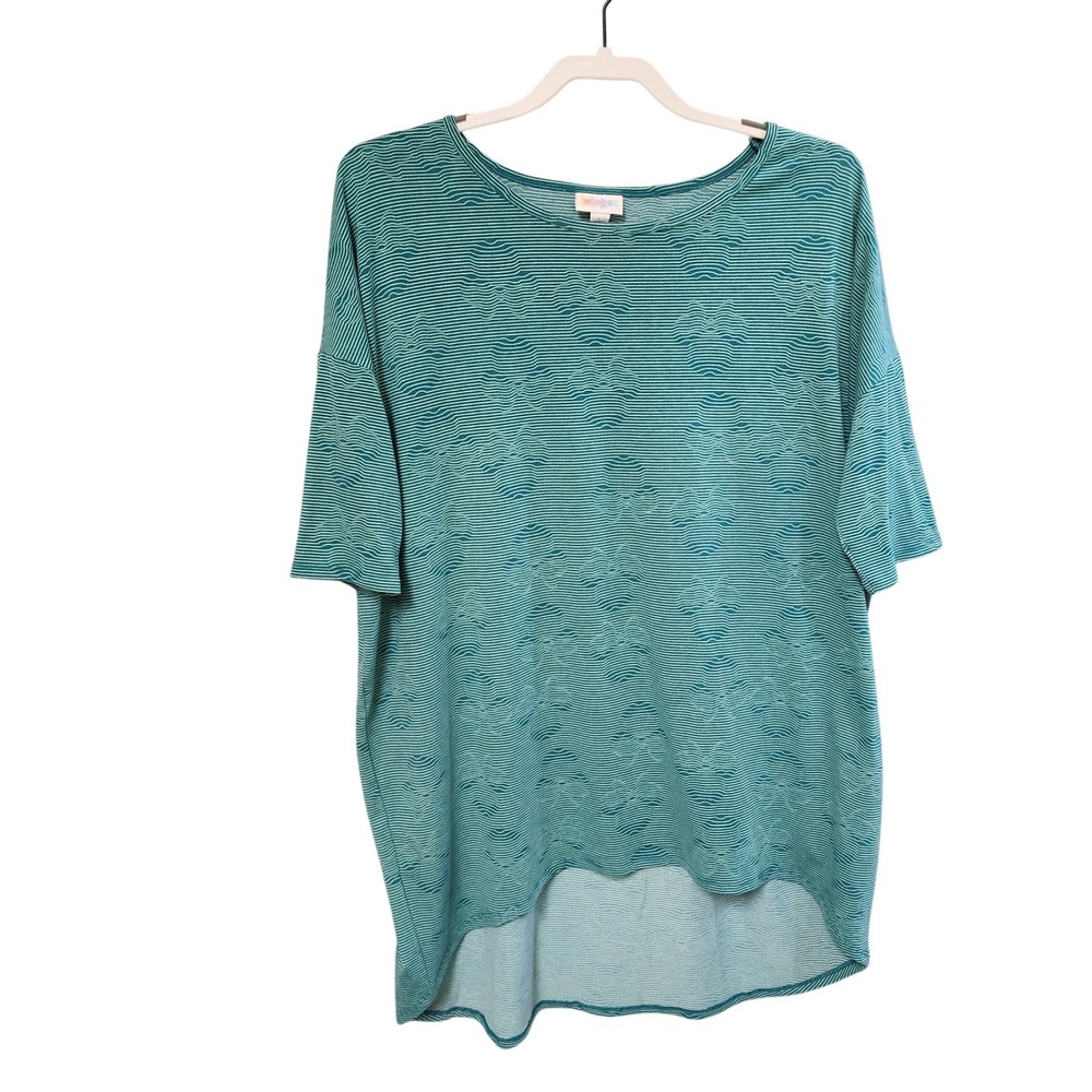 LuLaRoe Disney Irma Tunic Top Large Teal Striped Hidden Mickey Mouse High Low
